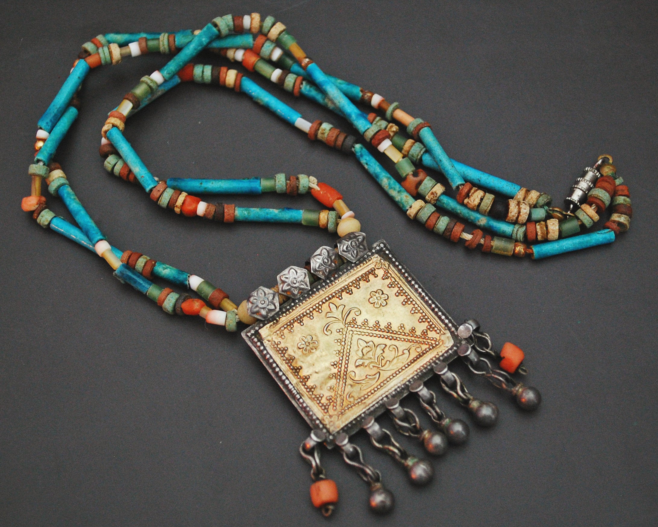 Antique Afghani Pendant and Faience Beads Necklace