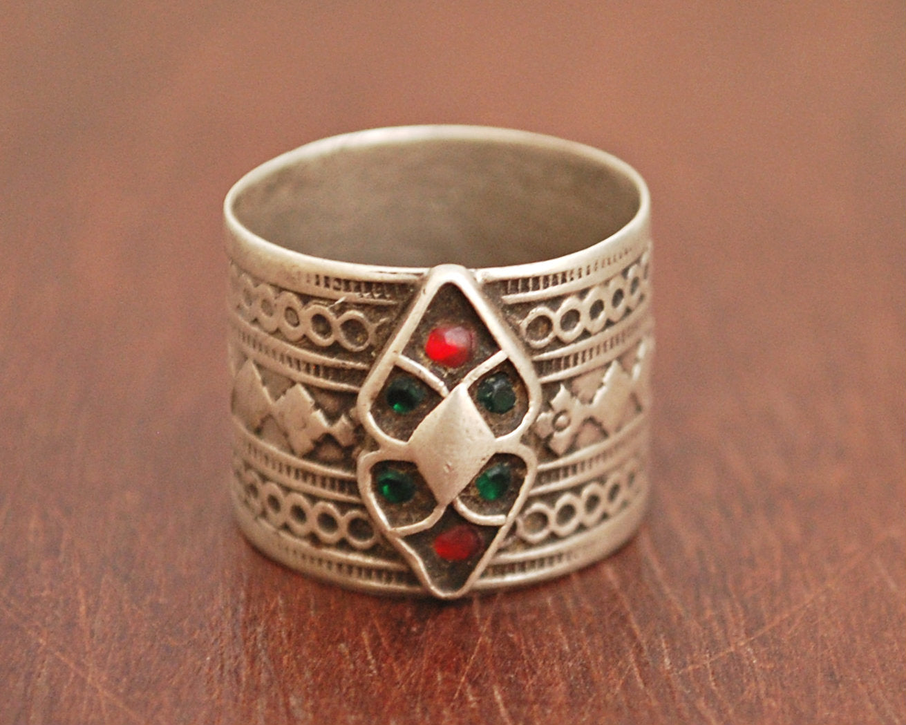 Antique Afghani Band Ring  with Glass Stones - Size 6.5