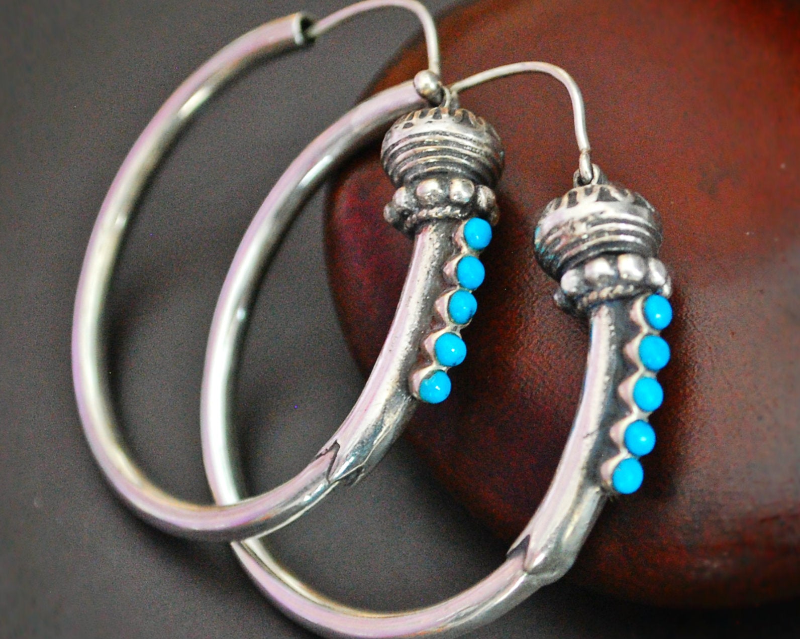 Ethnic Hoop Earrings with Turquoise - LARGE
