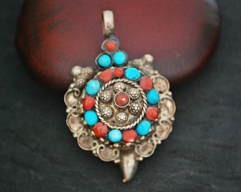 Bold Nepali Turquoise Coral Pendant