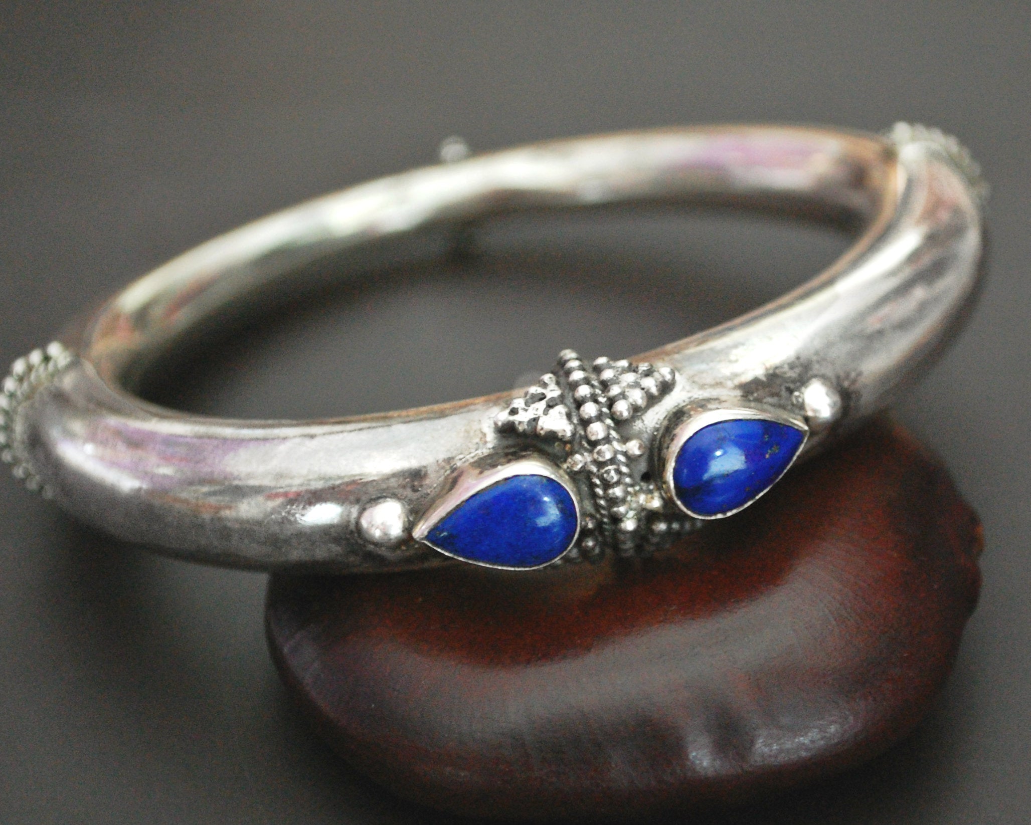 Large Indian Silver Bracelet with Lapis Lazuli