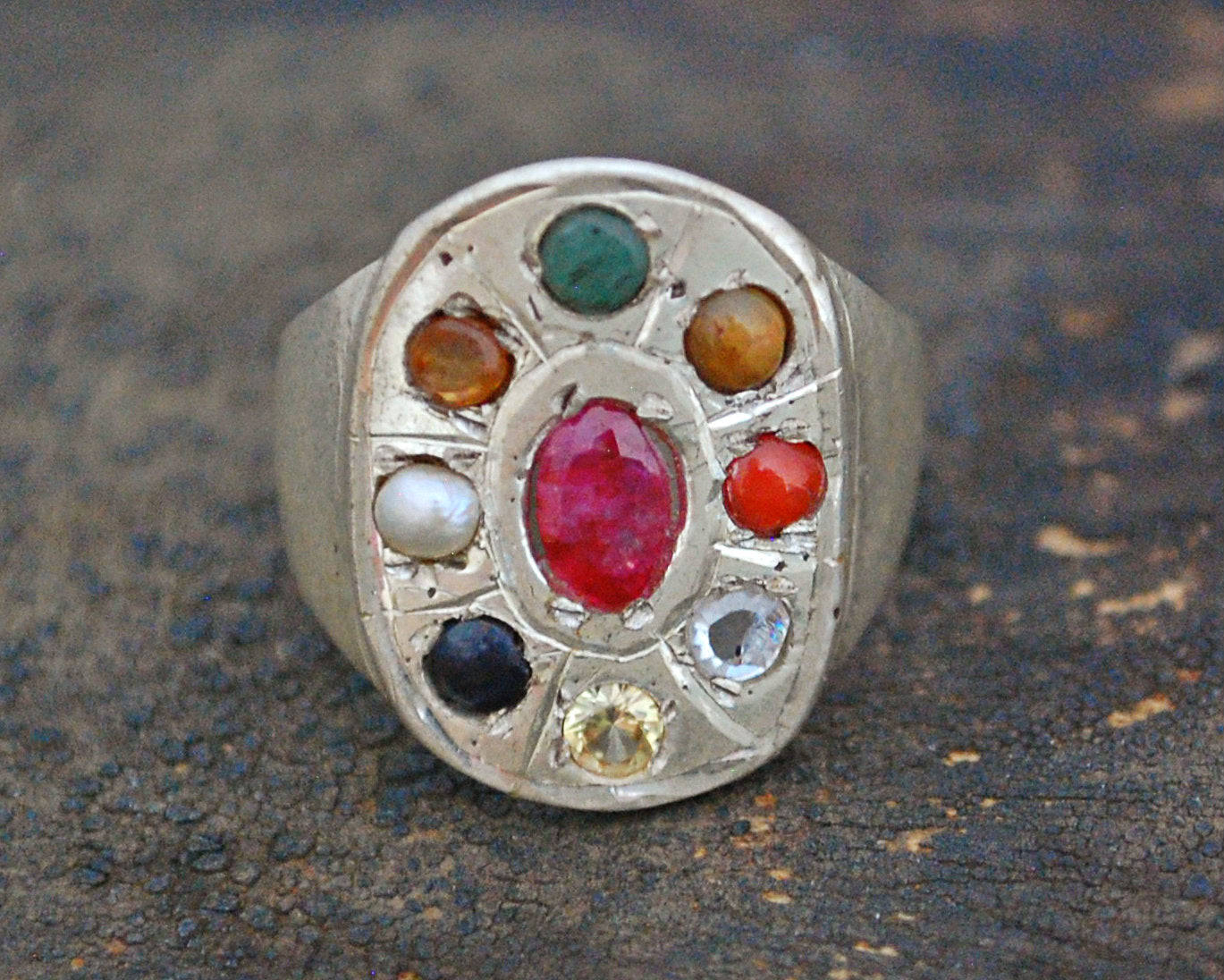 Indian Navaratna Nine Gemstone Astrology Ring - Size 8.5