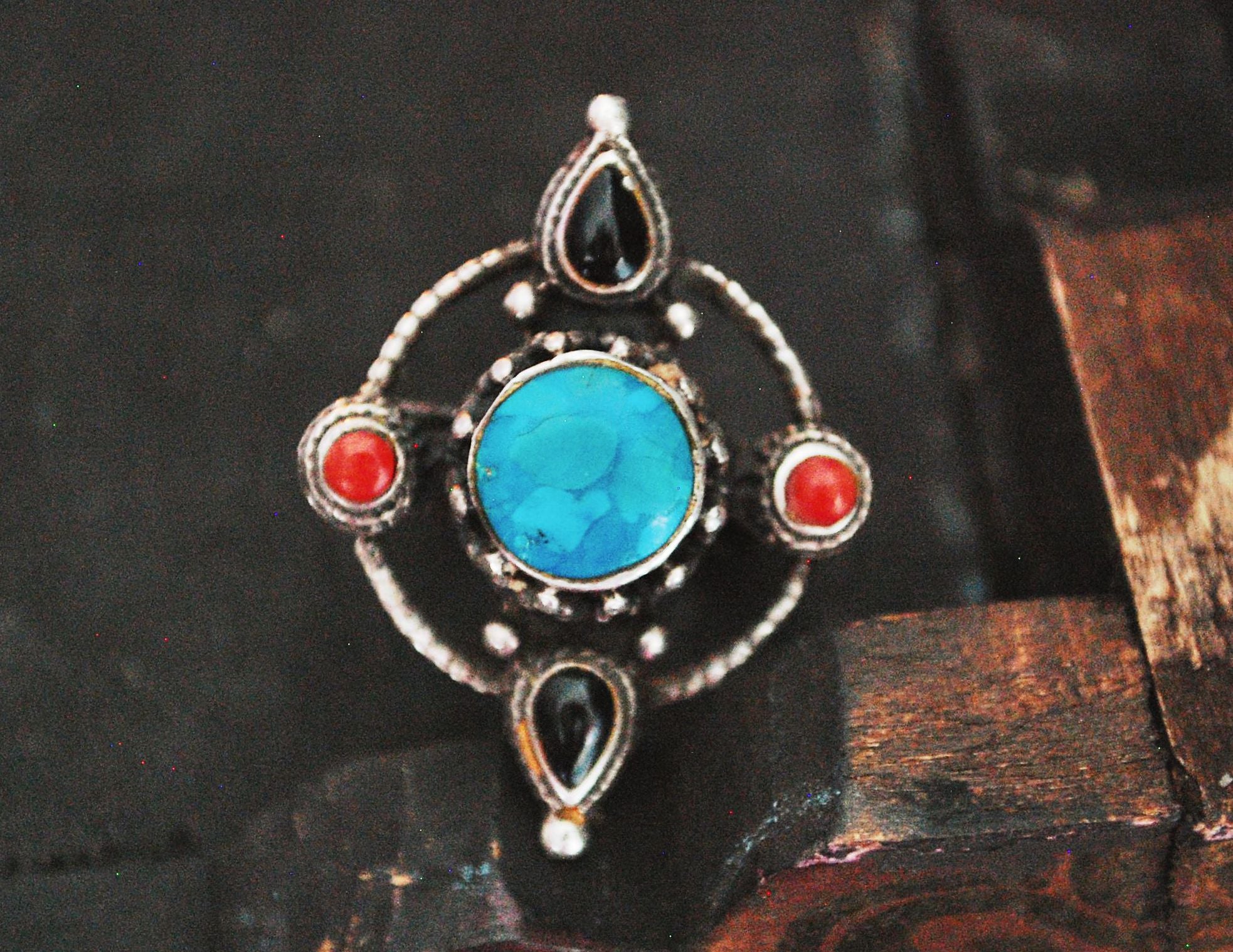 Vintage Nepali Turquoise, Coral and Onyx Ring
