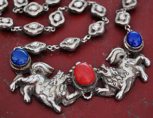 Tibetan Snow Lion Necklace with Coral and Lapis Lazuli
