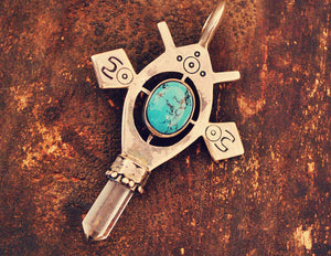 Tuareg Style Silver Cross Pendant with Turquoise and Crystal Quartz Tip