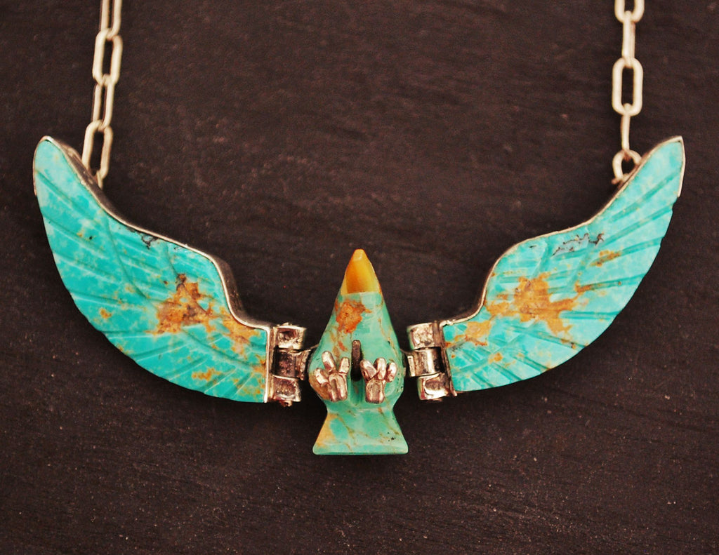 Navajo Turquoise Eagle Necklace - Signed F. Tom