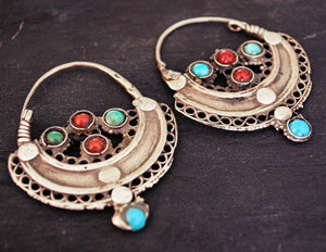 Antique Afghani Hoop Earrings with Turquoise and Coral