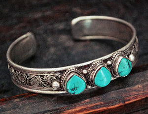Nepali Turquoise Cuff Bracelet with Filigree Work