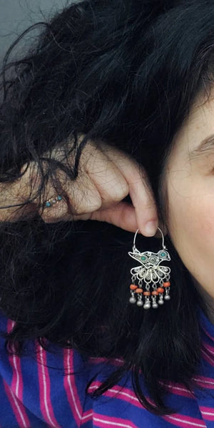 Uzbek Bird Earrings with Turquoise and Coral