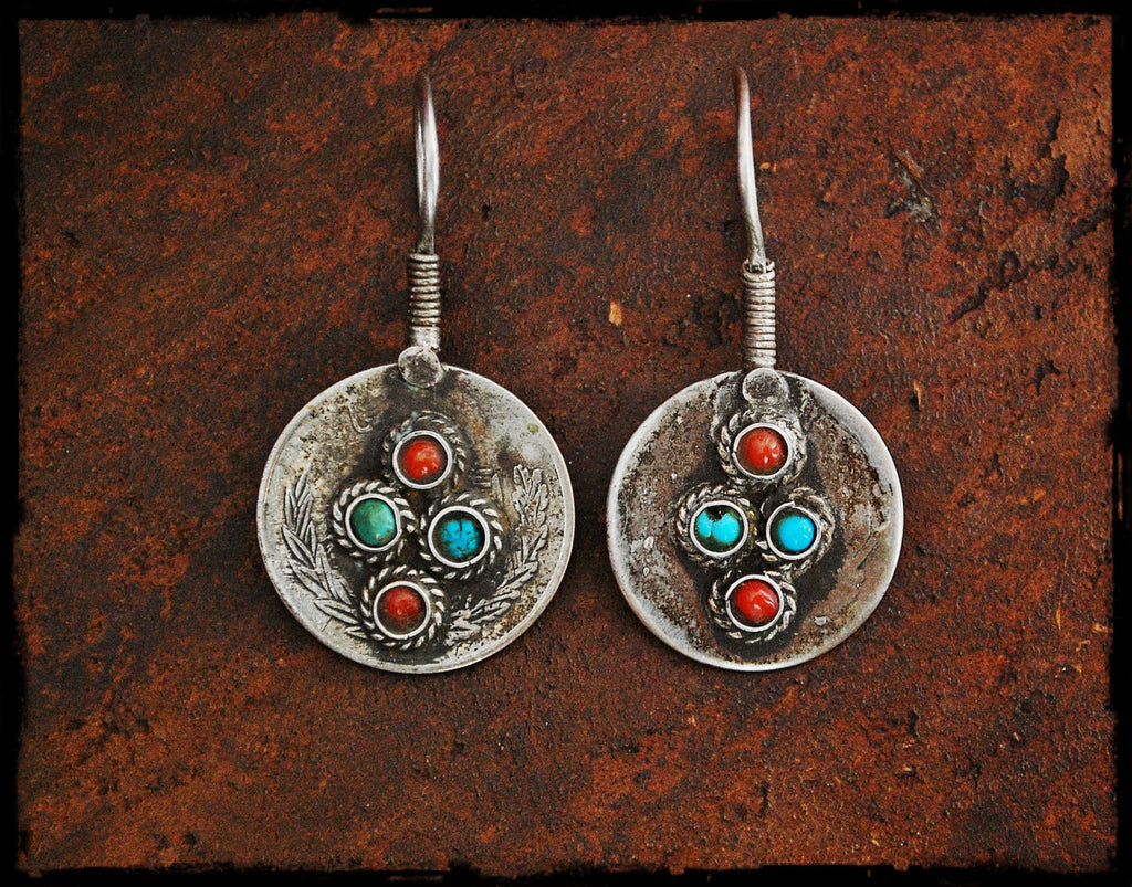 Antique Afghan Coin Earrings with Turquoise and Coral