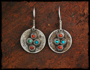 Antique Afghan Coin Earrings with Turquoise and Coral