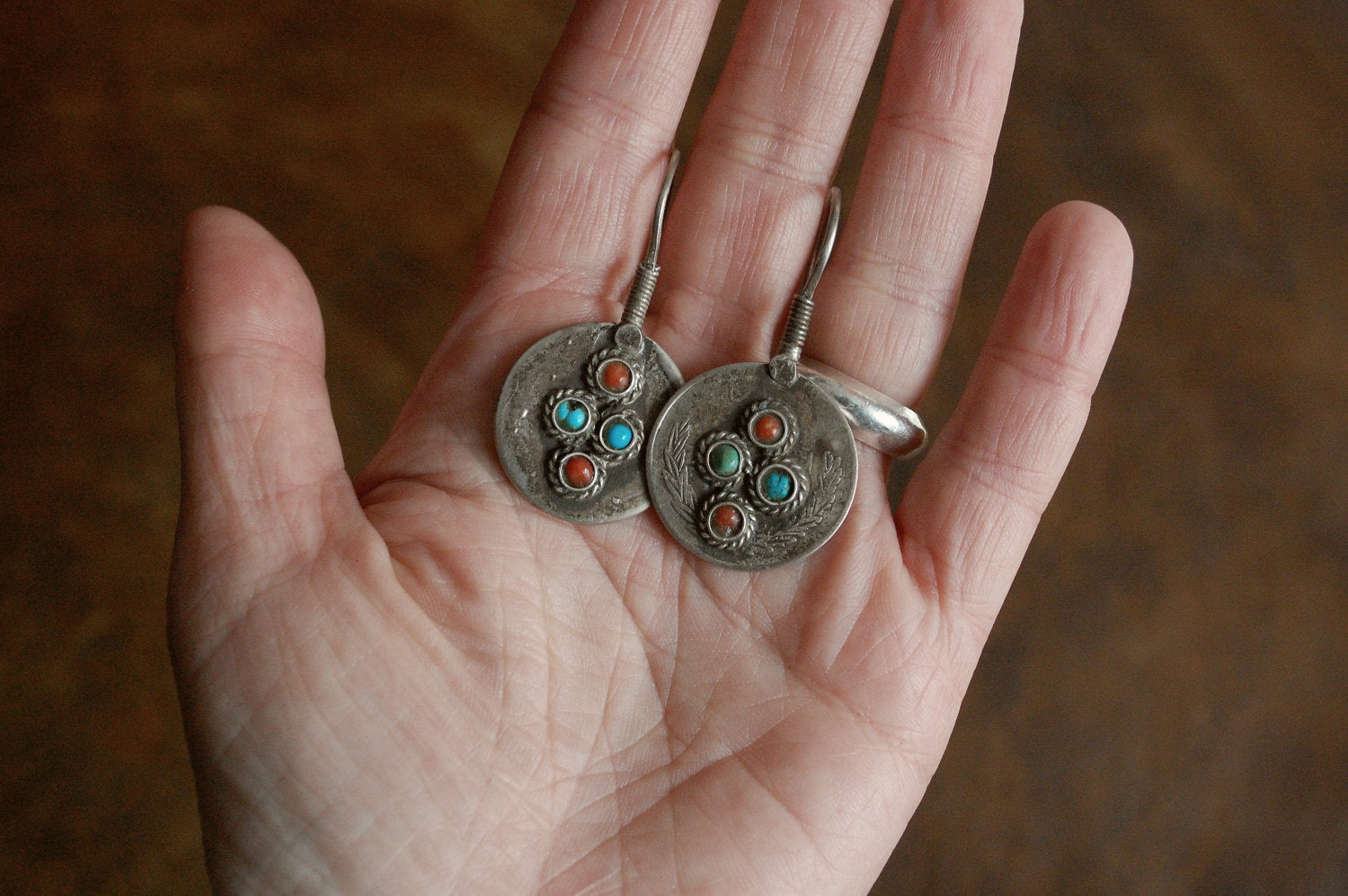 Antique Afghan Coin Earrings with Turquoise and Coral