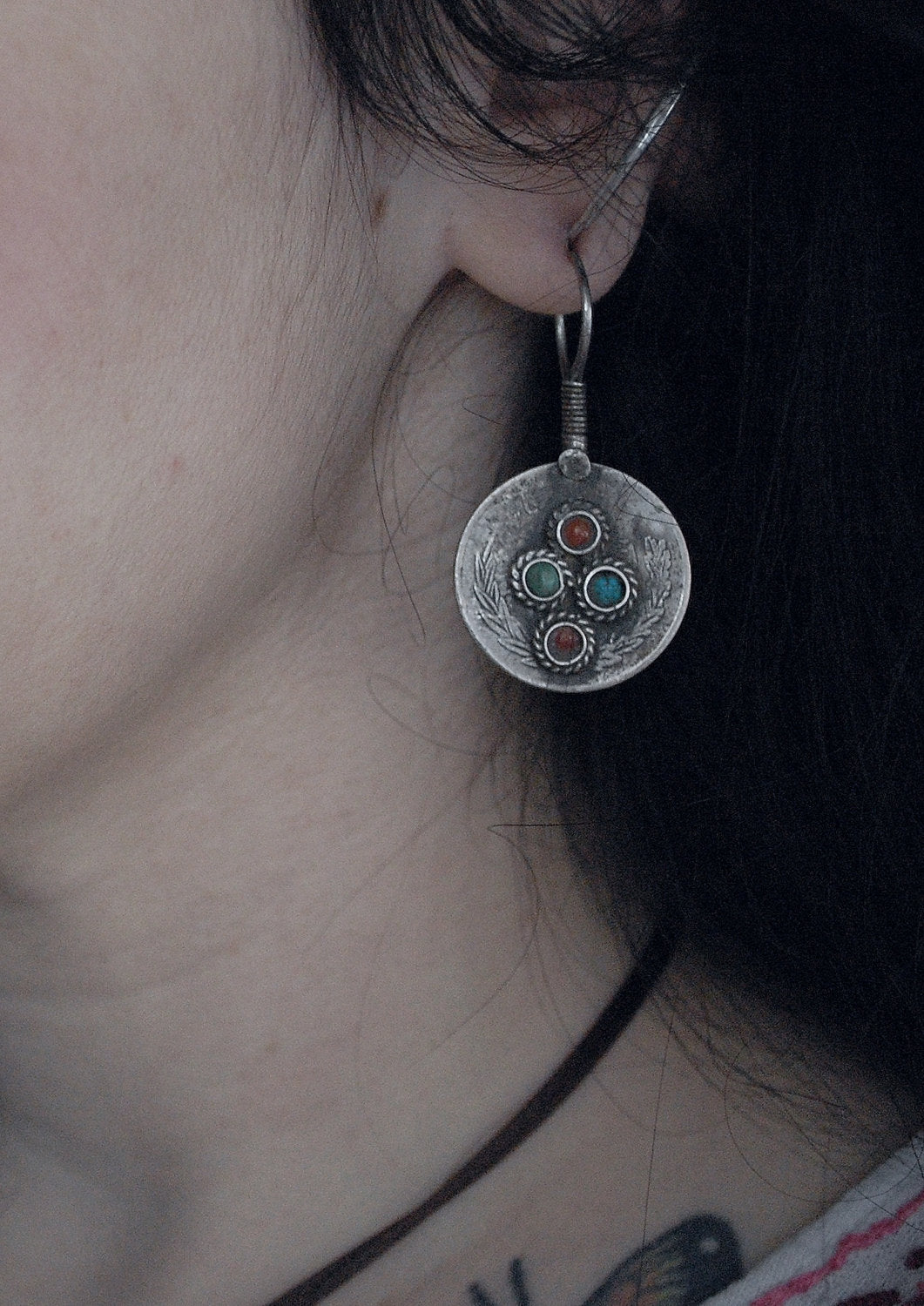 Antique Afghan Coin Earrings with Turquoise and Coral