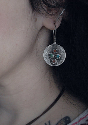 Antique Afghan Coin Earrings with Turquoise and Coral