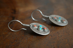 Antique Afghan Coin Earrings with Turquoise and Coral