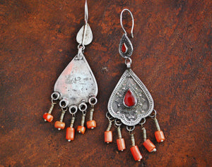 Tribal Afghan Earrings with Coral and Carnelian - Kazakh Earrings with Coral and Carnelian - Tribal Silver Coral Earrings