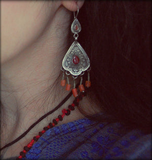 Tribal Afghan Earrings with Coral and Carnelian - Kazakh Earrings with Coral and Carnelian - Tribal Silver Coral Earrings