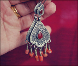 Tribal Afghan Earrings with Coral and Carnelian - Kazakh Earrings with Coral and Carnelian - Tribal Silver Coral Earrings