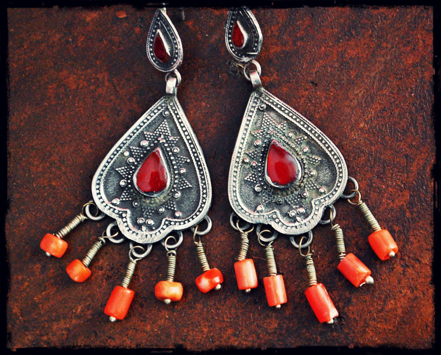 Tribal Afghan Earrings with Coral and Carnelian - Kazakh Earrings with Coral and Carnelian - Tribal Silver Coral Earrings