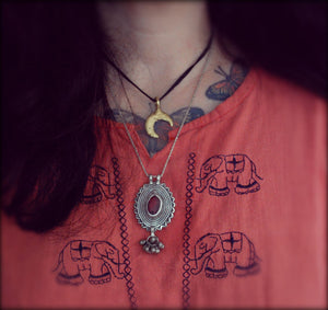 Antique Afghan Silver Pendant with Red Glass and Small Bells