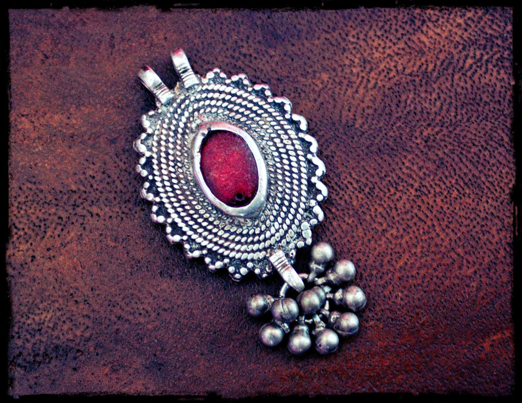 Antique Afghan Silver Pendant with Red Glass and Small Bells