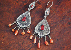 Tribal Afghan Earrings with Coral and Carnelian - Kazakh Earrings with Coral and Carnelian - Tribal Silver Coral Earrings
