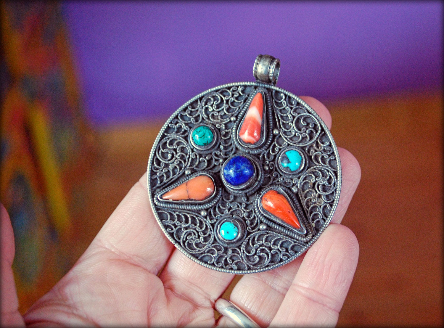Antique Tibetan Filigree Pendant with Coral, Turquoise and Lapis Lazuli
