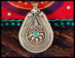 Tribal Indian Silver Pendant with Turquoise - Tribal Rajasthan Silver Amulet - Ethnic Tribal Indian Pendant - Gypsy Silver Pendant