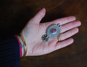 Antique Afghan Silver Pendant with Red Glass and Small Bells