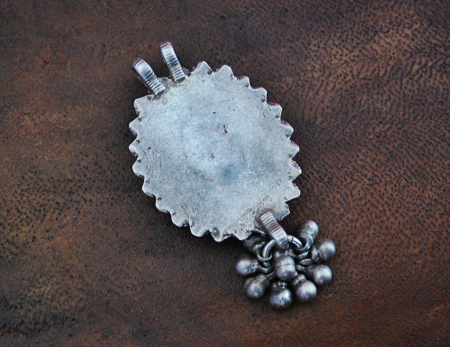 Antique Afghan Silver Pendant with Red Glass and Small Bells