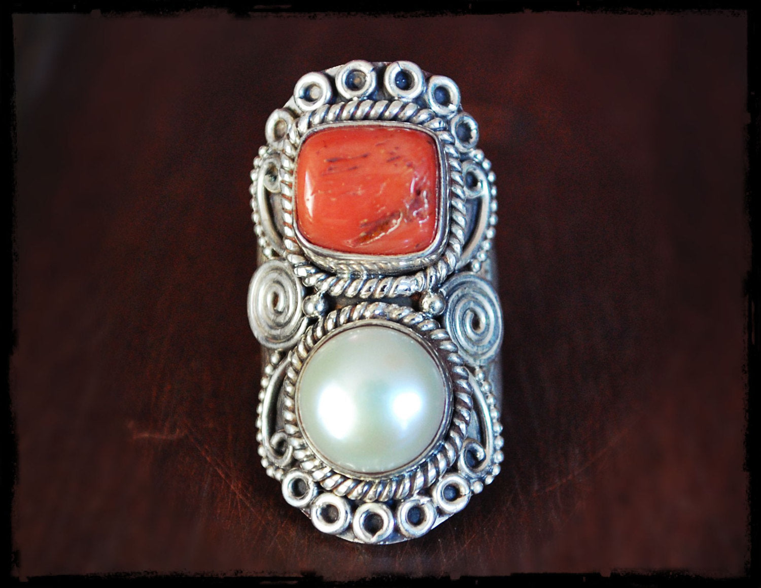 Vintage Nepalese Coral Pearl Ring - Size 7.5