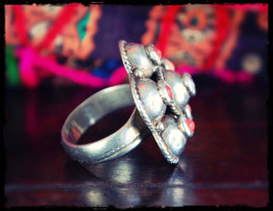 Reserved - Old Afghan Silver Coral Ring - Size 7.5 - Tribal Afghan Ring - Ethnic Tribal Silver Ring - Antique Afghan Silver Jewelry
