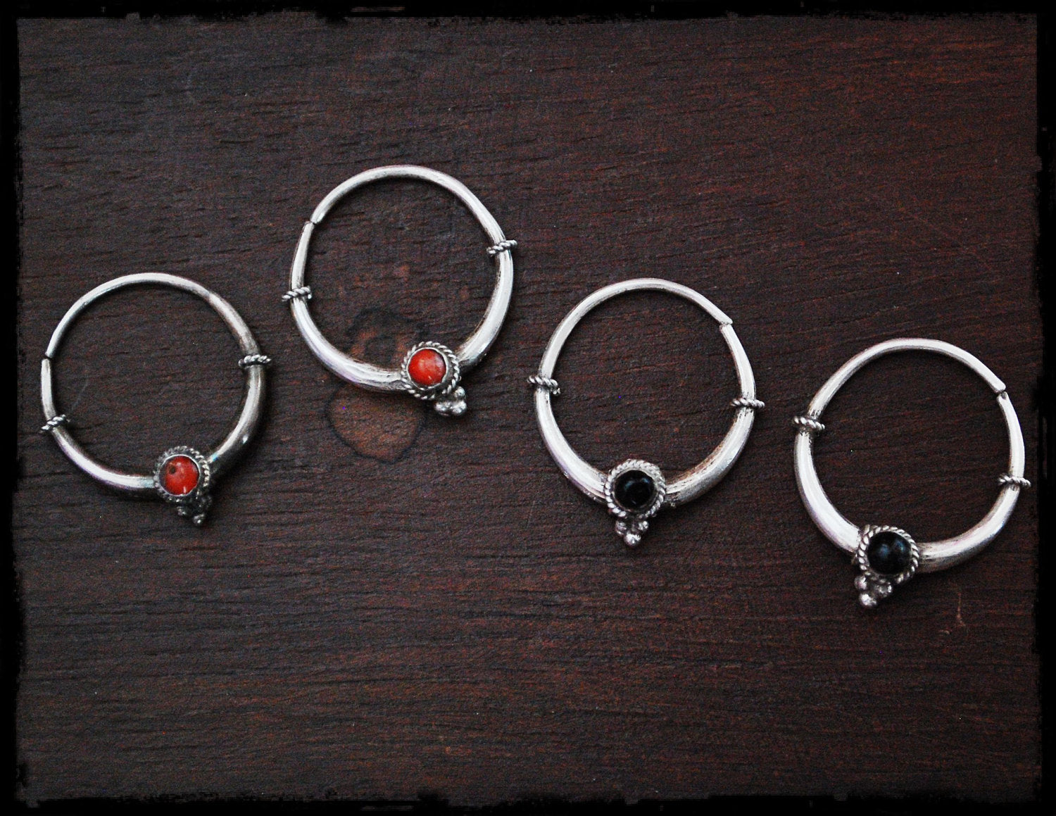 Tribal Hoop Earrings with Coral & Onyx