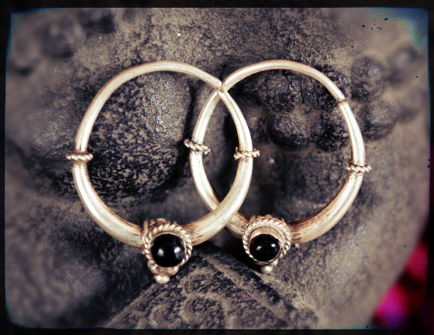 Tribal Hoop Earrings with Coral & Onyx