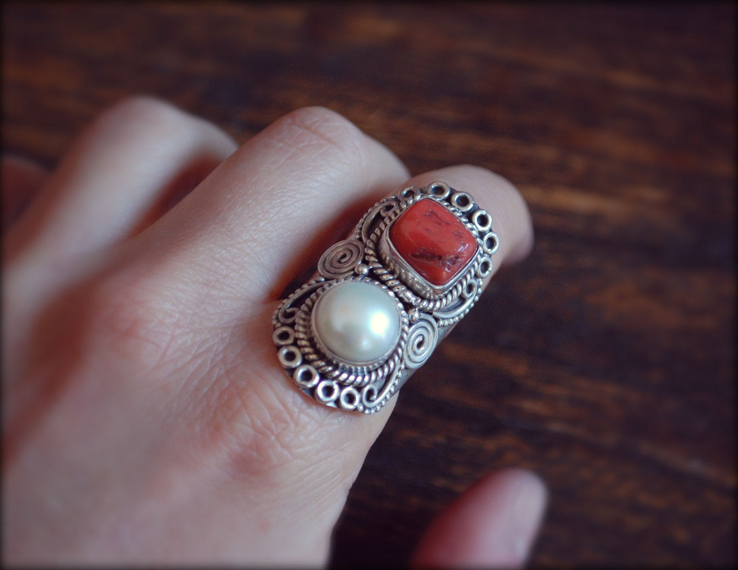 Vintage Nepalese Coral Pearl Ring - Size 7.5