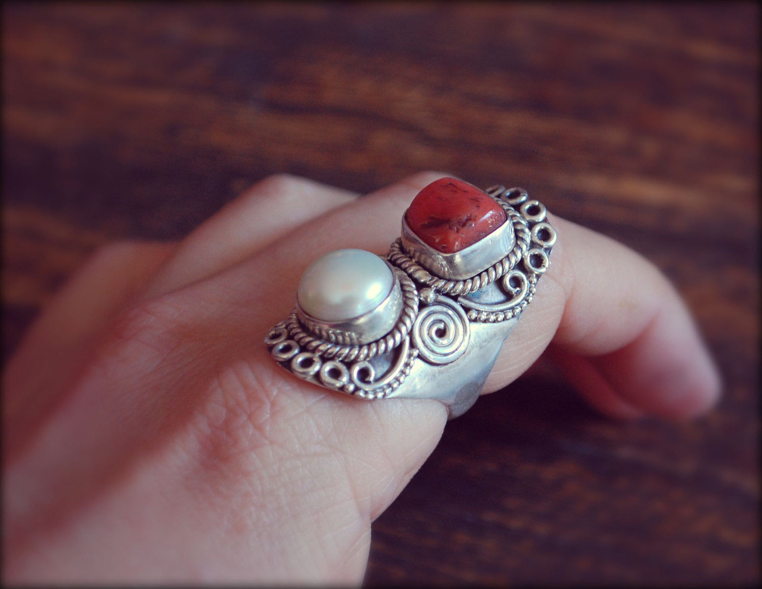 Vintage Nepalese Coral Pearl Ring - Size 7.5
