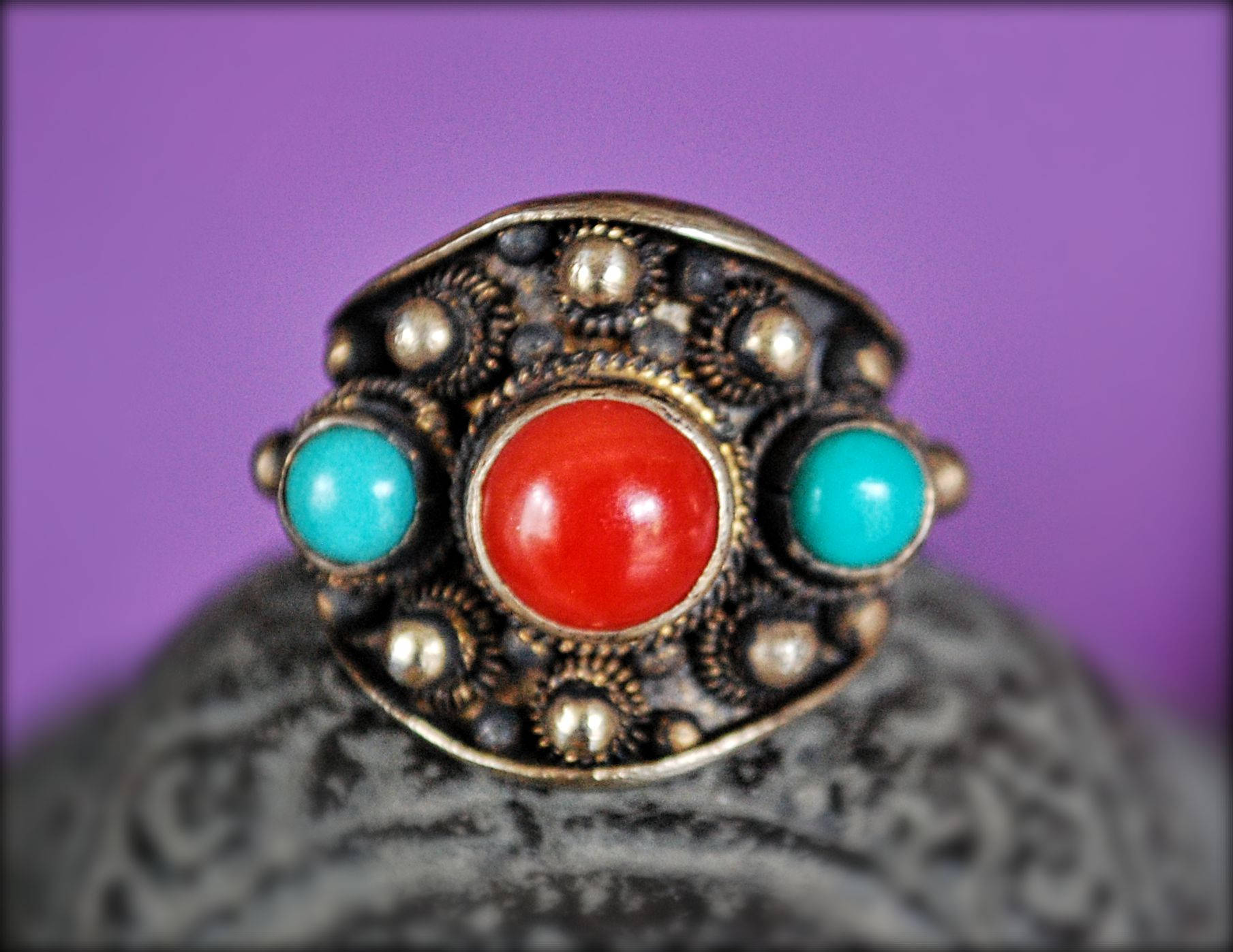 Antique Chinese Coral and Turquoise Ring - Size 8 - Antique Chinese Ring - Ethnic Chinese Ring - Antique Coral Ring - Old Chinese Ring