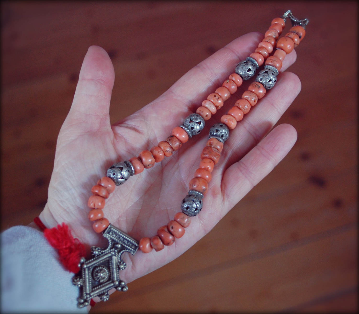 Berber Cross Coral Choker Necklace with Tribal Silver Beads