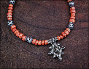 Berber Cross Coral Choker Necklace with Tribal Silver Beads