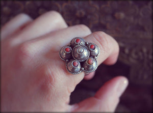Reserved - Old Afghan Silver Coral Ring - Size 7.5 - Tribal Afghan Ring - Ethnic Tribal Silver Ring - Antique Afghan Silver Jewelry