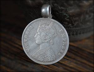 Antique Indian One Rupee Coin Pendant 1898 - Coin Amulet - Ethnic Tribal Coin Amulet - Indian Coin Amulet - Victoria Empress - Tribal Coin