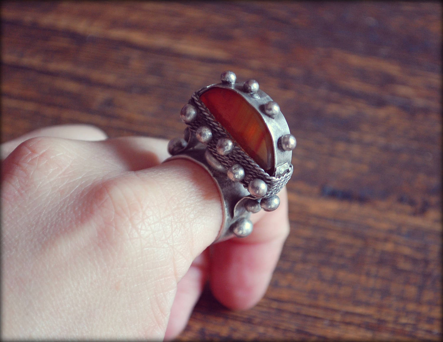 Tuareg Tisek Silver Ring With Agate And Beautiful Decorations - Size 8.5 - Tuareg Silver Ring - Tuareg Jewelry - Ethnic Tribal Ring