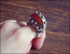 Tuareg Tisek Silver Ring With Agate And Beautiful Decorations - Size 8.5 - Tuareg Silver Ring - Tuareg Jewelry - Ethnic Tribal Ring