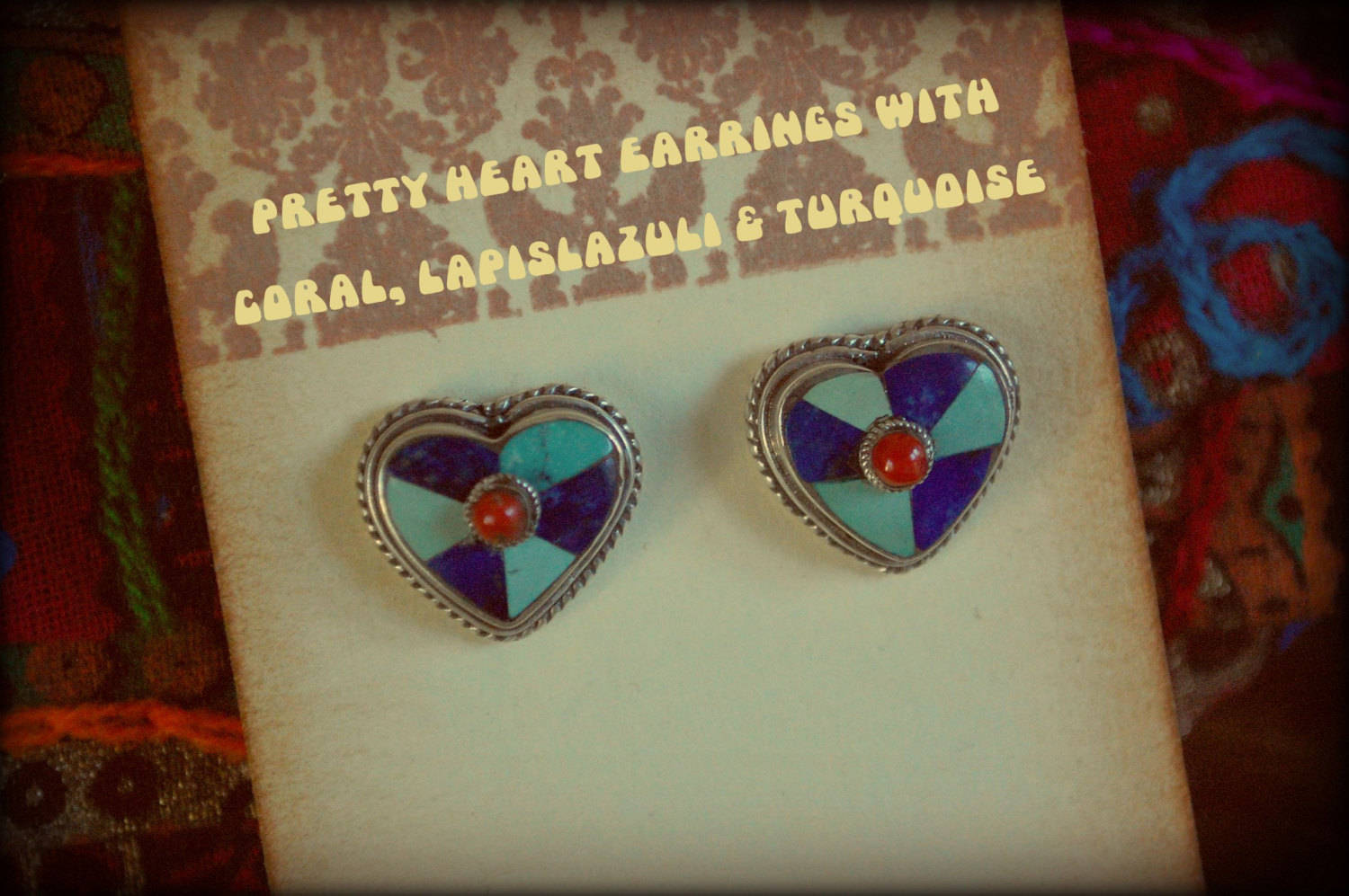 Turquoise Lapislazuli & Coral Heart Stud Earrings