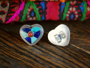 Turquoise Lapislazuli & Coral Heart Stud Earrings