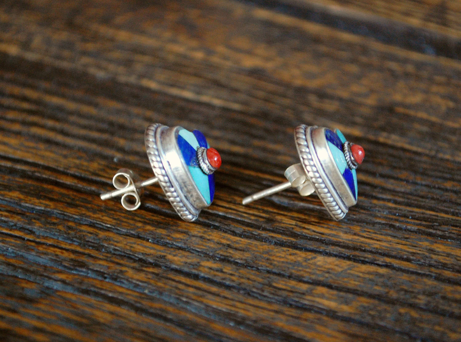 Turquoise Lapislazuli & Coral Heart Stud Earrings