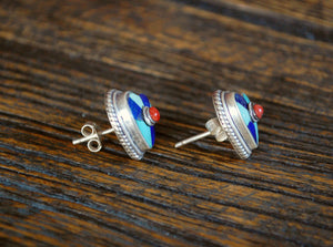 Turquoise Lapislazuli & Coral Heart Stud Earrings