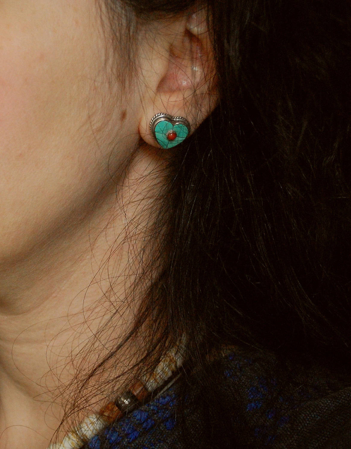Turquoise Lapislazuli & Coral Heart Stud Earrings