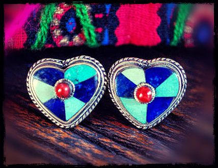 Turquoise Lapislazuli & Coral Heart Stud Earrings