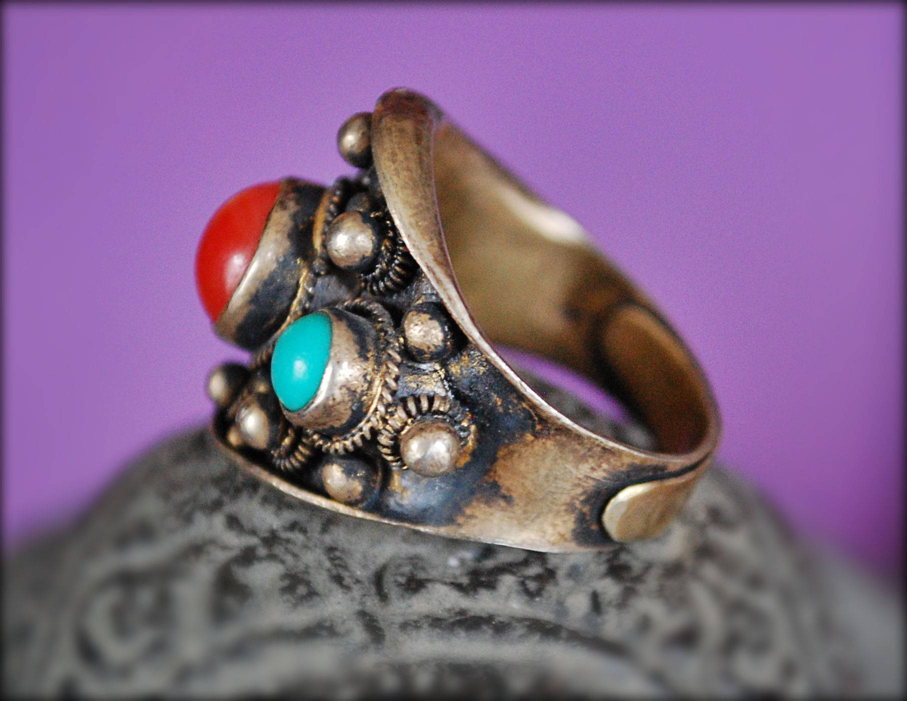 Antique Chinese Coral and Turquoise Ring - Size 8 - Antique Chinese Ring - Ethnic Chinese Ring - Antique Coral Ring - Old Chinese Ring